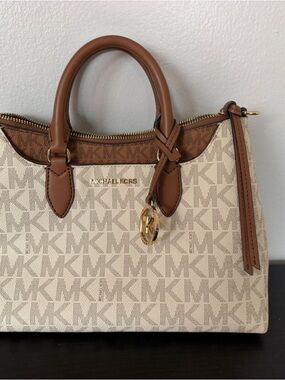 Michael Kors Cream & Brown Signature Satchel with Gold Hardware